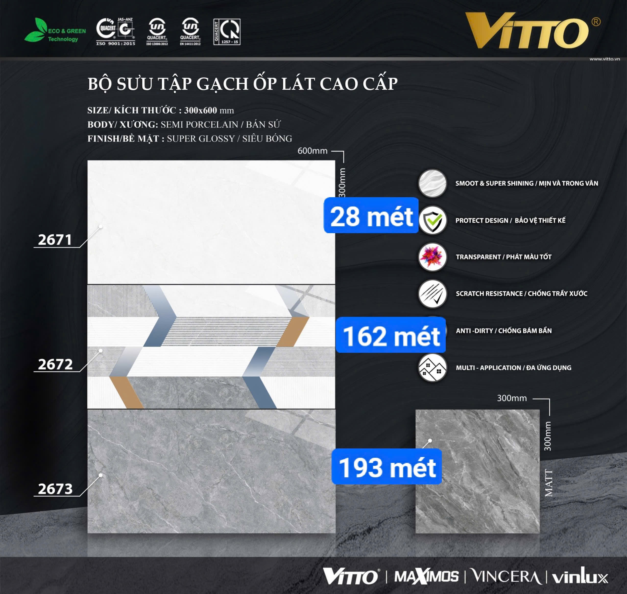 Đá bán sứ siêu bóng loại 1 Vitto 30x60